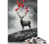 Deer with Red Balloons Painting Puzzle Premium 100% Recycled Board Paper Rectangular Jigsaw Puzzle for Adults Teen Unique Gift 500pcs (52x38cm)
