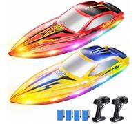 DEERC 2-Pack RC Boats for Kids, Fast Remote Control Boat with 4×1200mAh Batteries, 120 Min Runtime, 7 LED Lights Mode, Capsize Recovery, 2.4GHz Racing, Pool & Lake Toy