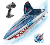 DEERC Fast Brushless RC Shark Boat for Adults, 30+MPH 3S High Speed Remote Control Boat, Self-righting 2.4Ghz Speedboat with LED Lights, Summer Toy Gift for Kids