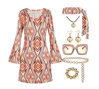 Deerjoke 70s Disco Outfit Women, 7 PCS 70's Disco Dress Costume Hippie Clothes Accessories Jewelry Halloween, Gold, Large