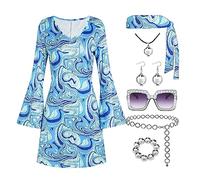 Deerjoke 70s Disco Outfit Women, 7 PCS 70's Disco Dress Costume Hippie Clothes Accessories Jewelry Halloween (Blue, Small)