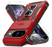 DEERLAMN Case for Google Pixel 10/10 Pro with Slide Camera Cover+Screen Protector(1 Pack), Rotated Ring Kickstand Military Grade Shockproof Protective Cover-Red