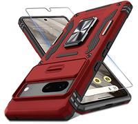 DEERLAMN Case for Google Pixel 7 with Slide Camera Cover+Screen Protector(1 Pack), Rotated Ring Kickstand Military Grade Shockproof Protective Cover-Red