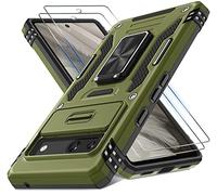 DEERLAMN Case for Google Pixel 7a with Slide Camera Cover+Screen Protector (2 Packs), Rotated Ring Kickstand Military Grade Shockproof Protective Cover-Olive Green