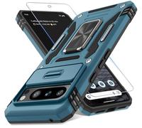 DEERLAMN Case for Google Pixel 8 Pro with Slide Camera Cover+Screen Protector (1 Pack), Rotated Ring Kickstand Military Grade Shockproof Heavy Duty Protective Cover -Light Blue