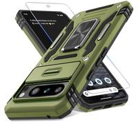 DEERLAMN Case for Google Pixel 8 Pro with Slide Camera Cover+Screen Protector (1 Pack), Rotated Ring Kickstand Military Grade Shockproof Heavy Duty Protective Cover -Olive Green