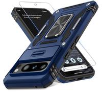 DEERLAMN Case for Google Pixel 8 Pro with Slide Camera Cover+Screen Protector (1 Pack), Rotated Ring Kickstand Military Grade Shockproof Heavy Duty Protective Cover -Navy Blue