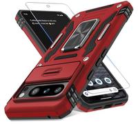 DEERLAMN Case for Google Pixel 8 Pro with Slide Camera Cover+Screen Protector (1 Pack), Rotated Ring Kickstand Military Grade Shockproof Heavy Duty Protective Cover -Red