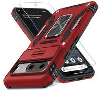 DEERLAMN Case for Google Pixel 8 with Slide Camera Cover+Screen Protector (1 Pack), Rotated Ring Kickstand Military Grade Shockproof Heavy Duty Protective Cover-Red