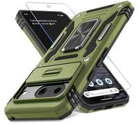 DEERLAMN Case for Google Pixel 8 with Slide Camera Cover+Screen Protector (1 Pack), Rotated Ring Kickstand Military Grade Shockproof Heavy Duty Protective Cover-Olive Green