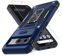 DEERLAMN Case for Google Pixel 8 with Slide Camera Cover+Screen Protector (1 Pack), Rotated Ring Kickstand Military Grade Shockproof Heavy Duty Protective Cover-Navy Blue
