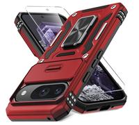 DEERLAMN Case for Google Pixel 9/9 Pro with Slide Camera Cover+Screen Protector(1 Pack), Rotated Ring Kickstand Military Grade Shockproof Protective Cover-Red