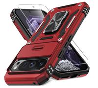 DEERLAMN Case for Google Pixel 9 Pro XL with Slide Camera Cover+Screen Protector(1 Pack), Rotated Ring Kickstand Military Grade Shockproof Protective Cover-Red