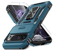DEERLAMN Case for Google Pixel 9 Pro XL with Slide Camera Cover+Screen Protector(1 Pack), Rotated Ring Kickstand Military Grade Shockproof Protective Cover-Light Blue