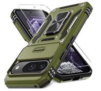 DEERLAMN for Pixel 9 Case, Google Pixel 9 Pro Case with Slide Camera Cover+Screen Protector(1 Pack), Rotated Ring Kickstand Military Grade Shockproof Protective Cover- Olive Green