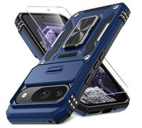 DEERLAMN for Pixel 9 Case, Google Pixel 9 Pro Case with Slide Camera Cover+Screen Protector(1 Pack), Rotated Ring Kickstand Military Grade Shockproof Protective Cover- Navy Blue