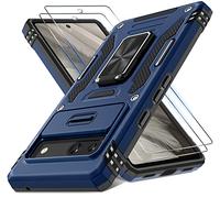 DEERLAMN Google Pixel 7a Case with Sliding Camera Case + Screen Protector (2 Packs), Rotating Ring Stand, Military Grade Shockproof Protective Cover - Navy Blue