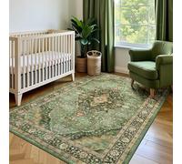 Deerly Green Rug 3x5 Area Rug with Non-Slip Backing, Washable Rugs for Bedroom Living Room Kitchen, Distressed Carpet Printed Low-Pile Soft Dorm Rug Room Decor(Border Green)