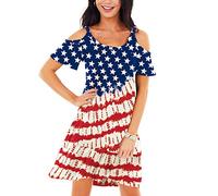 Deerose Womens 4th of July Dresses Cold Shoulder American Flag Tie Dye A-Line Dress with Pockets, American Flag Tie Dye, M