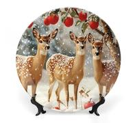 Deers Cute Snowy Tree Bone China Decorative Plate Ceramic Wall Dinner Plates with Display Stand for Home Kitchen Decor 7inch