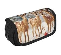 Deers Cute Snowy Tree Portable Pen Case Double Layered Large Capacity Exquisite Pencil Case for Officce