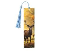 Deers Fall Tree Double-Sided Print Deers Fall Tree Bookmarks Wooden Book Marks with Sky Blue Tassel, Autumn Maple Leaves Lightweight Page Markers Book Lovers Gifts