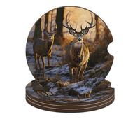 Deers Picture Car Coasters, 4PCS Non-Slip Car Cup Holder Coasters with Cork Base, Heat Resistant & Waterproof Drink Coaster for Women Men