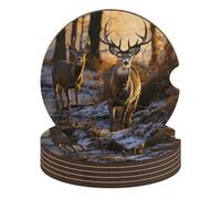Deers Picture Car Coasters, 6PCS Non-Slip Car Cup Holder Coasters with Cork Base, Heat Resistant & Waterproof Drink Coaster for Women Men