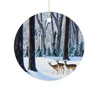 Deers Picture Double-Sided Ceramic Christmas Ornaments - Round Hanging Mini Xmas Tree Decorations, Ideas for Farmers, Rustic Home Decor for Indoor Outdoor Tree Decor