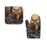 Deers Picture Oven Mitts & Pot Holders Set - 2 Pcs Heat Resistant Oven Gloves with Hanging Loop, Kitchen Potholder for Cooking, Baking, BBQ, Microwave