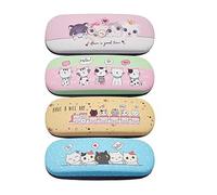 Deerul Cute Cat Glasses Case Set of 4 Hard Shell Cartoon Pink Green Yellow Blue