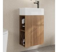 DeerValley 415mm Bathroom Vanity Units with Basin, Ceramic Bathroom Sink Storage Cabinet Wood, Wall Hung Cloakroom Small Bathroom Sink and Vanity Unit, Metal Holder, Side Open Shelf