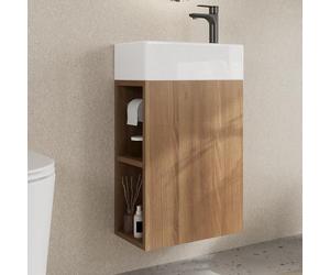 DeerValley 415mm Bathroom Vanity Units with Basin, Ceramic Bathroom Sink Storage Cabinet Wood, Wall Hung Cloakroom Small Bathroom Sink and Vanity Unit, Metal Holder, Side Open Shelf