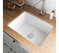 DeerValley Kitchen Sink Ceramic White, 61 x 47cm Undermount Sink with Grid & Strainer, Deep Bowl Small Kitchen Sink, Scratch & Stain Resistant Fireclay