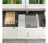 DeerValley Single Bowl Kitchen Sink, 61 x 51cm Fireclay Ceramic Kitchen Sink with Built in Overflow, Include Basket Strainer Cutting Board Grid Drying Rack