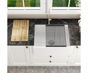 DeerValley Single Bowl Kitchen Sink, 61 x 51cm Fireclay Ceramic Kitchen Sink with Built in Overflow, Include Basket Strainer Cutting Board Grid Drying Rack