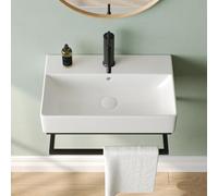 DeerValley Wall Mounted Bathroom Sink with Towel Bar, White Floating Rectangular Lavatory Vanity Small Bathroom Basin with Faucet Hole and Overflow, 56.8x36 cm