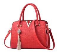 DEEVORCA Women Stylish Crocodile Embossed Handbag Elegant Versatile Shoulder Crossbody with Gold V Logo Tassel Charm Ideal for Trips Daily Commute Tote Bag Waterproof PU Leather Vibrant Red