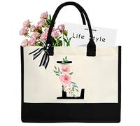 DEEZOMO Personalized Initial Canvas Tote Bag for Women, Beach Bag with Inner Zipper Pocket for Wedding, Birthday, Holiday, L, L