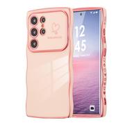 DEFBSC Case for Samsung Galaxy S22 Ultra, Curly Wave Shape Plating Frame Cute Love Heart Cover for Girls Women, Full Camera Lens Protection Soft Durable TPU Shockproof Case - Pink