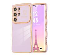 DEFBSC Case for Samsung Galaxy S24 Ultra, Curly Wave Shape Plating Frame Cute Love Heart Cover for Girls Women, Full Camera Lens Protection Soft Durable TPU Shockproof Case - Light Purple