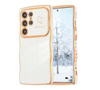 DEFBSC Case for Samsung Galaxy S26 Ultra, Curly Wave Shape Plating Frame Cute Love Heart Cover for Girls Women, Full Camera Lens Protection Soft Durable TPU Shockproof Case - White