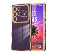 DEFBSC Case for Samsung Galaxy S26 Ultra, Curly Wave Shape Plating Frame Cute Love Heart Cover for Girls Women, Full Camera Lens Protection Soft Durable TPU Shockproof Case - Dark Purple