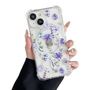 DEFBSC Magnetic Case for iPhone 14 / iPhone 13 [Compatible with Magsafe], Clear Floral Flower Print Design Flexible Acrylic Bumper Protective Shockproof Case for iPhone 14/13 - Purple Cosmos