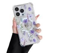 DEFBSC Magnetic Case for iPhone 15 Pro [Compatible with Magsafe], Clear Floral Flower Print Design Flexible Acrylic Bumper Protective Shockproof Case for iPhone 15 Pro - Purple Cosmos