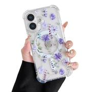 DEFBSC Magnetic Case for iPhone 16 Plus [Compatible with Magsafe], Clear Floral Flower Print Design Flexible Acrylic Bumper Protective Shockproof Case for iPhone 16 Plus - Purple Cosmos
