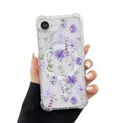 DEFBSC Magnetic Case for iPhone 16e/17e [Compatible with Magsafe], Clear Floral Flower Print Design Flexible Acrylic Bumper Protective Shockproof Case for iPhone 16e/17e - Purple Cosmos