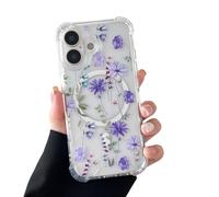 DEFBSC Magnetic Case for iPhone 17 [Compatible with Magsafe], Clear Floral Flower Print Design Flexible Acrylic Bumper Protective Shockproof Case for iPhone 17 - Purple Cosmos