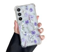 DEFBSC Magnetic Case for Samsung Galaxy S24 Plus/S25 Plus [Compatible with Magsafe], Clear Floral Flower Print Design Flexible Acrylic Shockproof Protective Phone Cover - Purple Cosmos