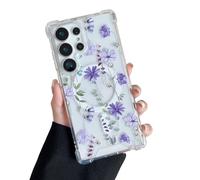 DEFBSC Magnetic Case for Samsung Galaxy S25 Ultra [Compatible with Magsafe], Cute Floral Flower Print Design Girls Women Clear Flexible Acrylic Shockproof Protective Phone Cover - Purple Cosmos